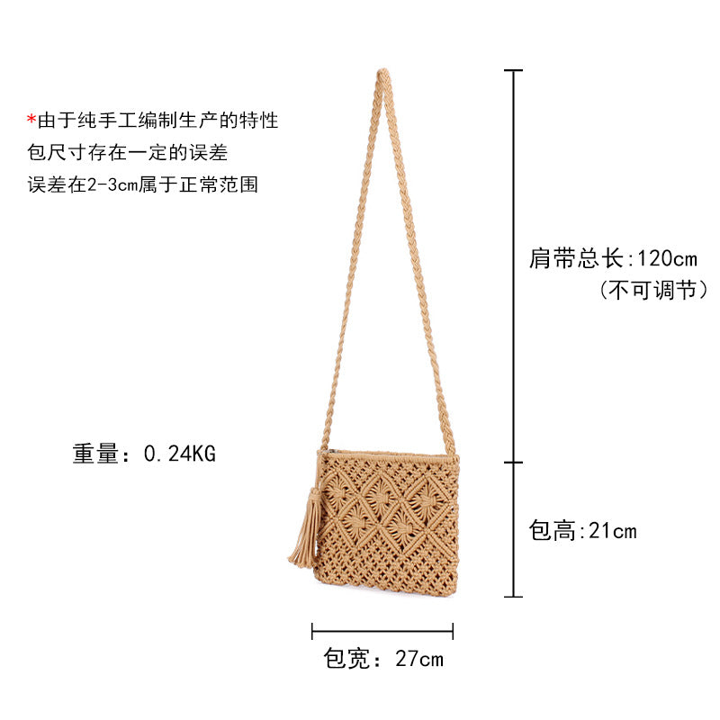 Women Retro Tassel Cotton Rope Woven Crossbody Beach Bag