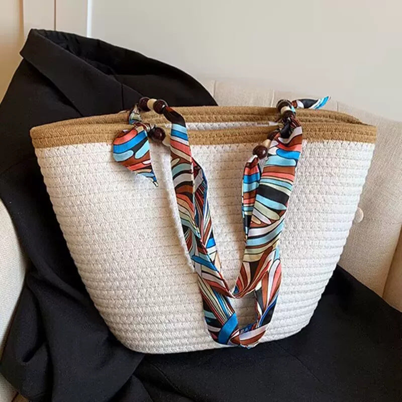 Women New Straw Woven Large Scarf Tie Shoulder Beach Bag