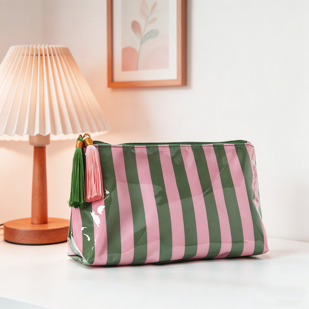 Glossy Striped PVC Tassel Travel Cosmetic Bag