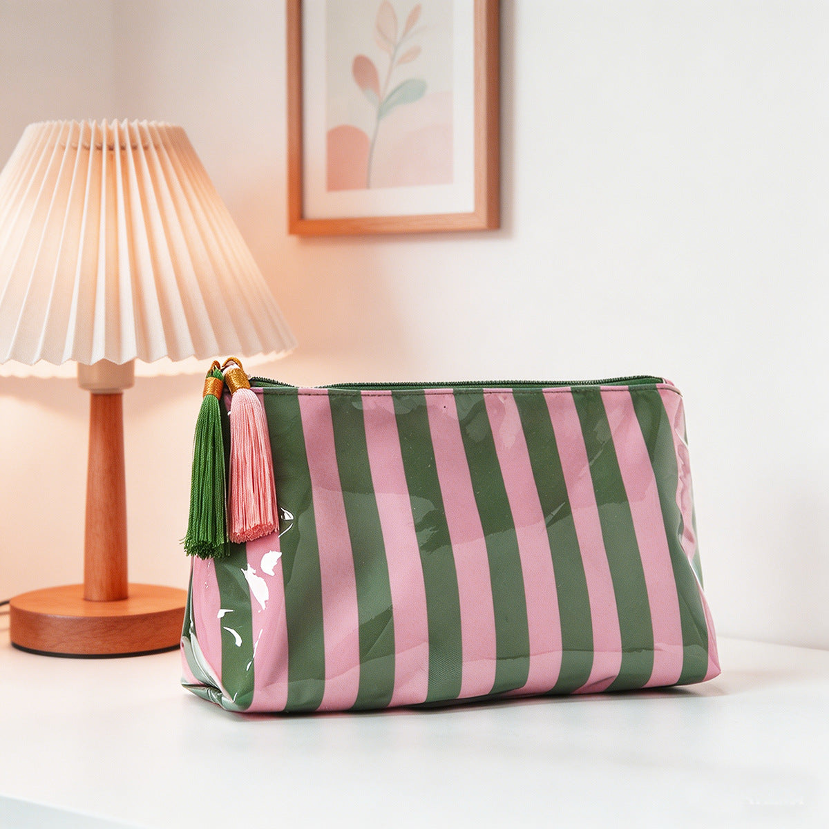 Glossy Striped PVC Tassel Travel Cosmetic Bag