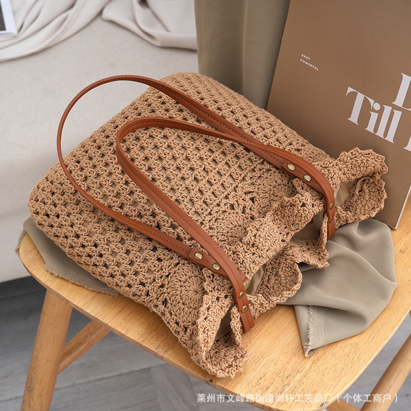 2026 Woven Straw Crochet Hollow Flower Large Capacity Beach Vacation Shoulder Bag