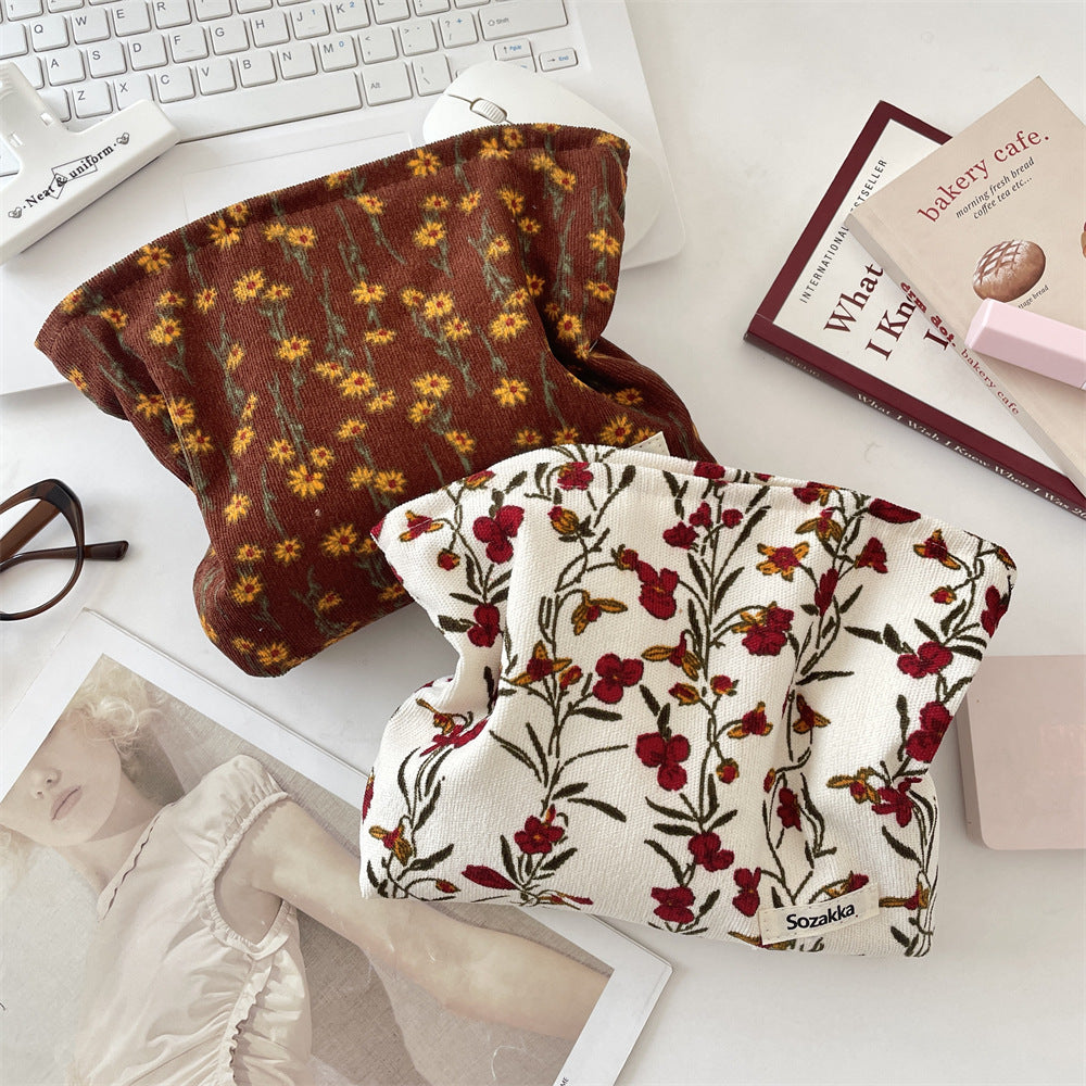 Corduroy Retro Flower Portable Cosmetic Bag