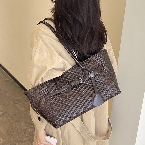 Textured Woven East-West Tote Bag with Belt Buckle Detail