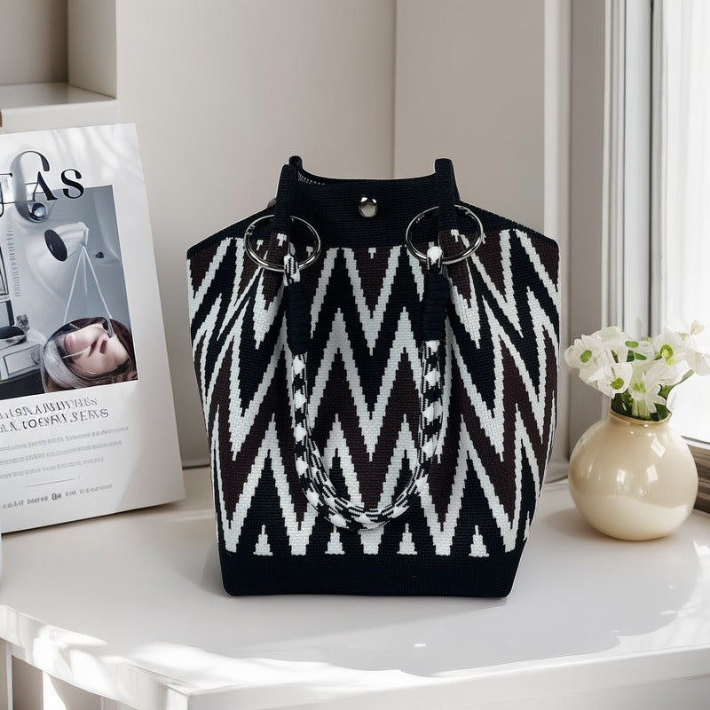 Graphic Jacquard Ring Handle Bucket Tote Bag