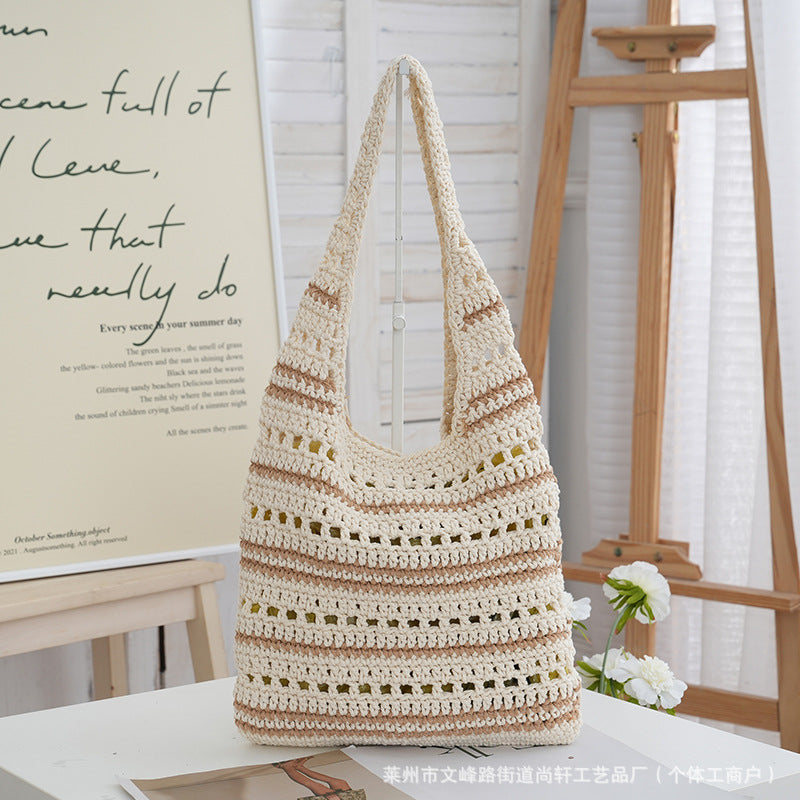 Niche Straw Woven Cotton Thread Large Capacity Beach Holiday Commuter Shoulder Tote Bag