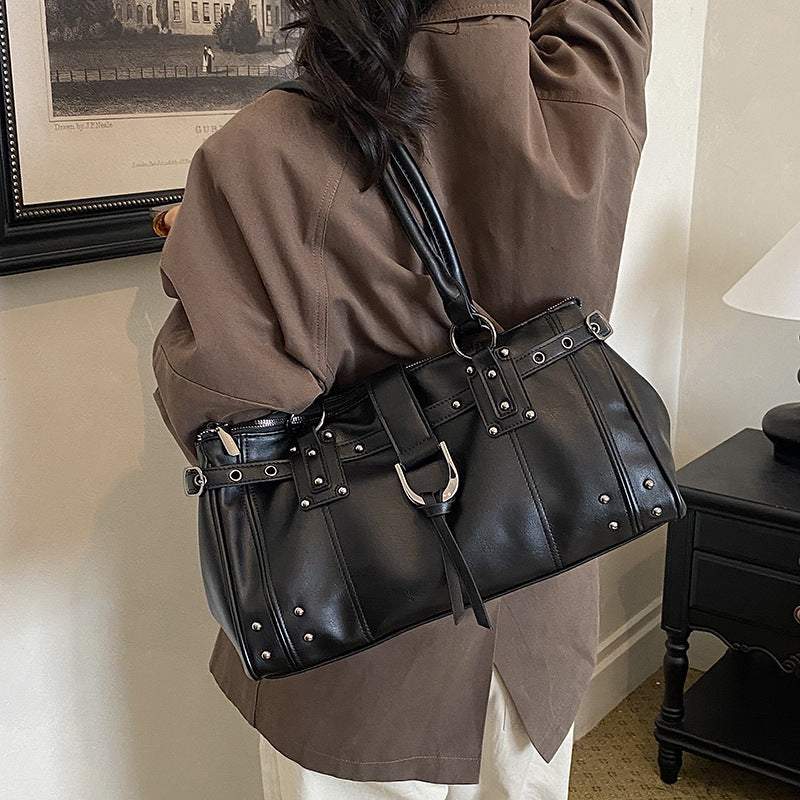 Structured PU Leather Shoulder Tote Bag with Rivet Detail