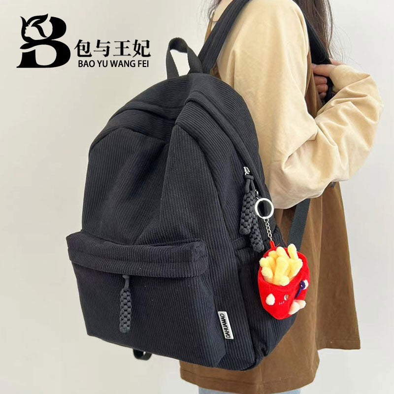New Corduroy College Student Backpack Women'S Large Capacity School Bag Junior High School Student Solid Color Simple Travel Backpack For Men And Women