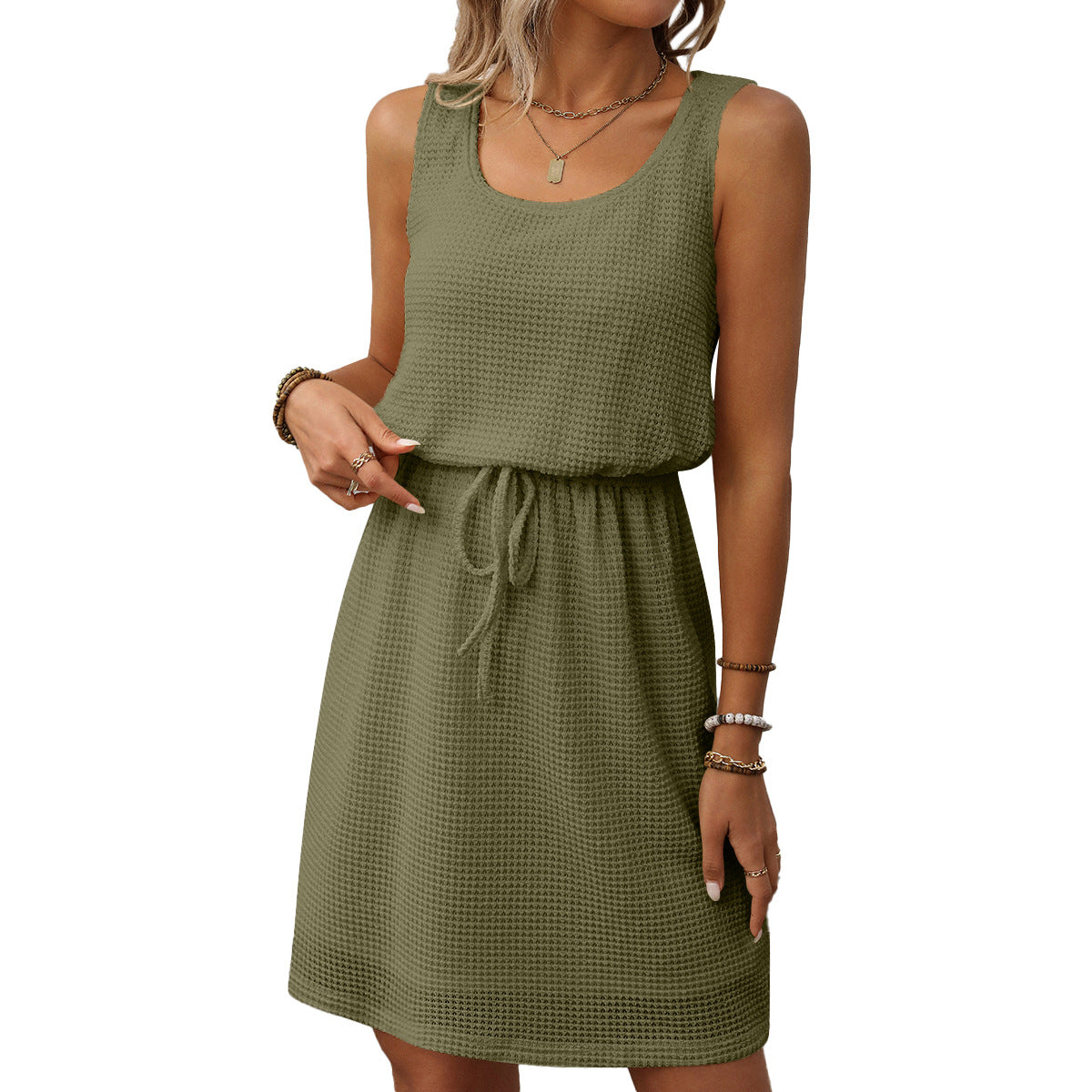 Square Neck Drawstring Sleeveless Vest Dress With Lining