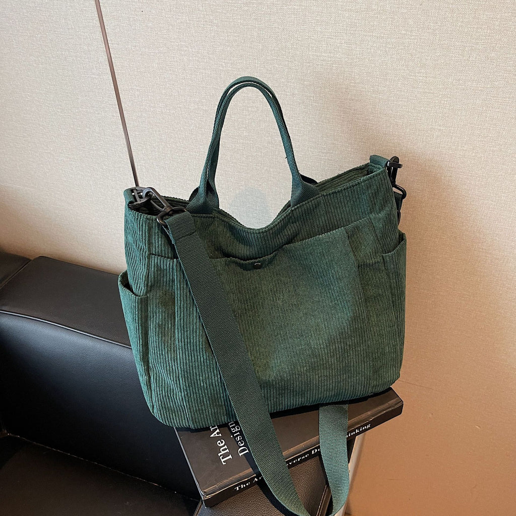 Corduroy Multi-Pocket Convertible Shoulder Tote Bag