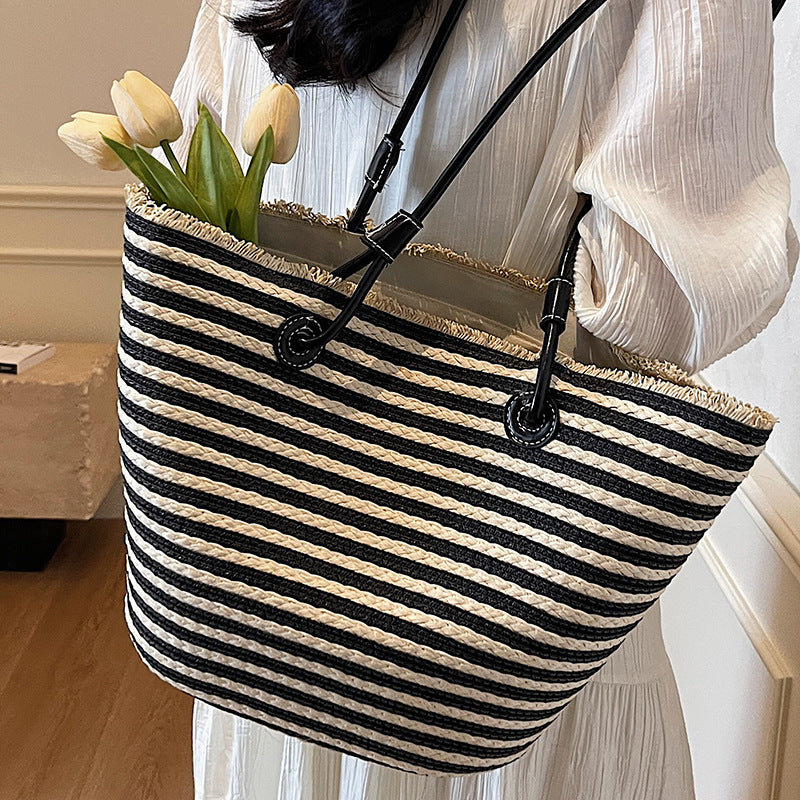 Women Unique Woven Large Striped Handheld Rustic Beach Bag