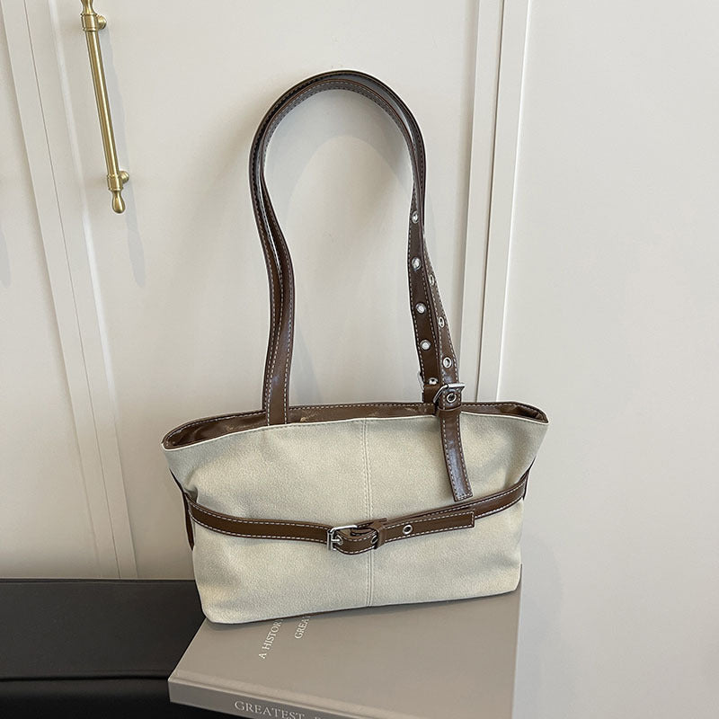 Belt Detail Suede Texture Zip Shoulder Bag