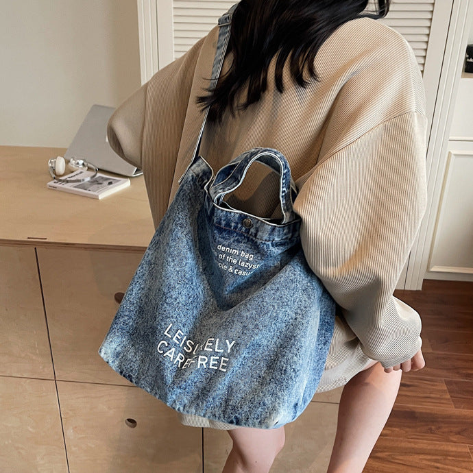 Cross-Border Denim Bag For Women 2025 New Fashion Letter Shoulder Crossbody Bag Large Capacity Commuter Tote Bag