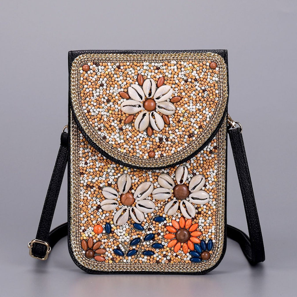 Women Ethnic Style Beaded Crossbody Bag, Handmade Turquoise Red Phone Bag