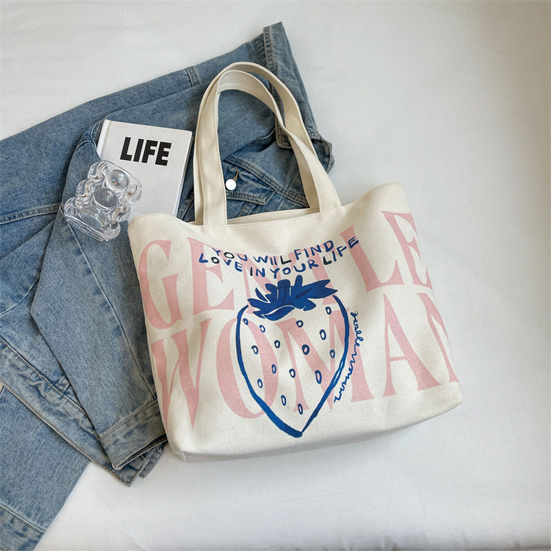 Women Strawberry Letter Canvas Shopping Shoulder Bag