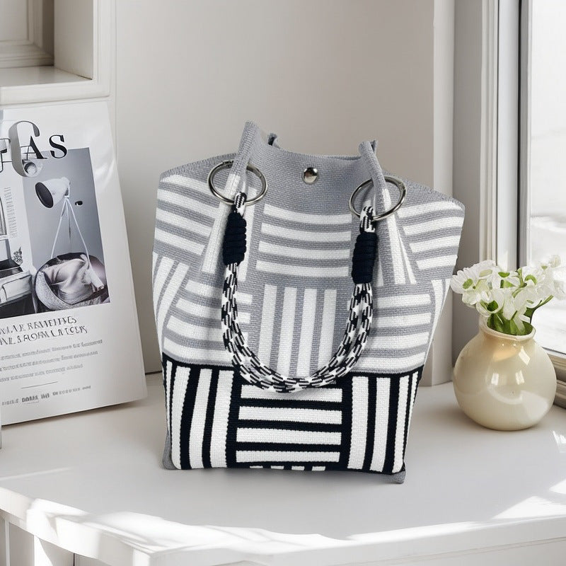 Graphic Jacquard Ring Handle Bucket Tote Bag