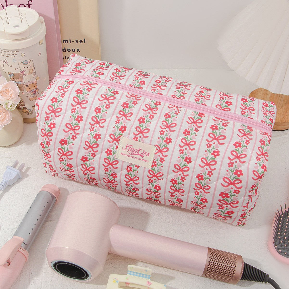 Vertical Stripe Red Strawberry Cotton Cosmetic Bag