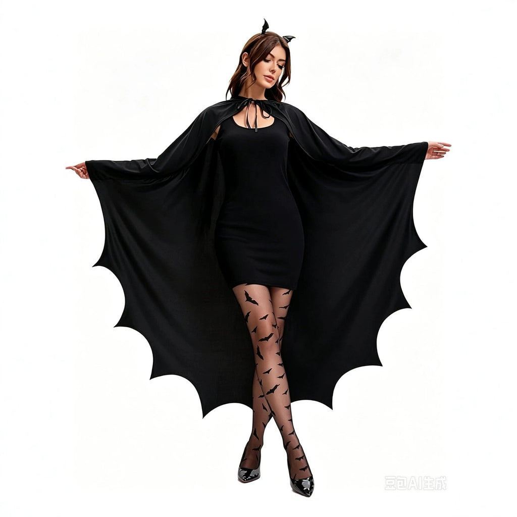 Black Gothic Halloween Hooded Bat Cape with Wing-Shaped Hem