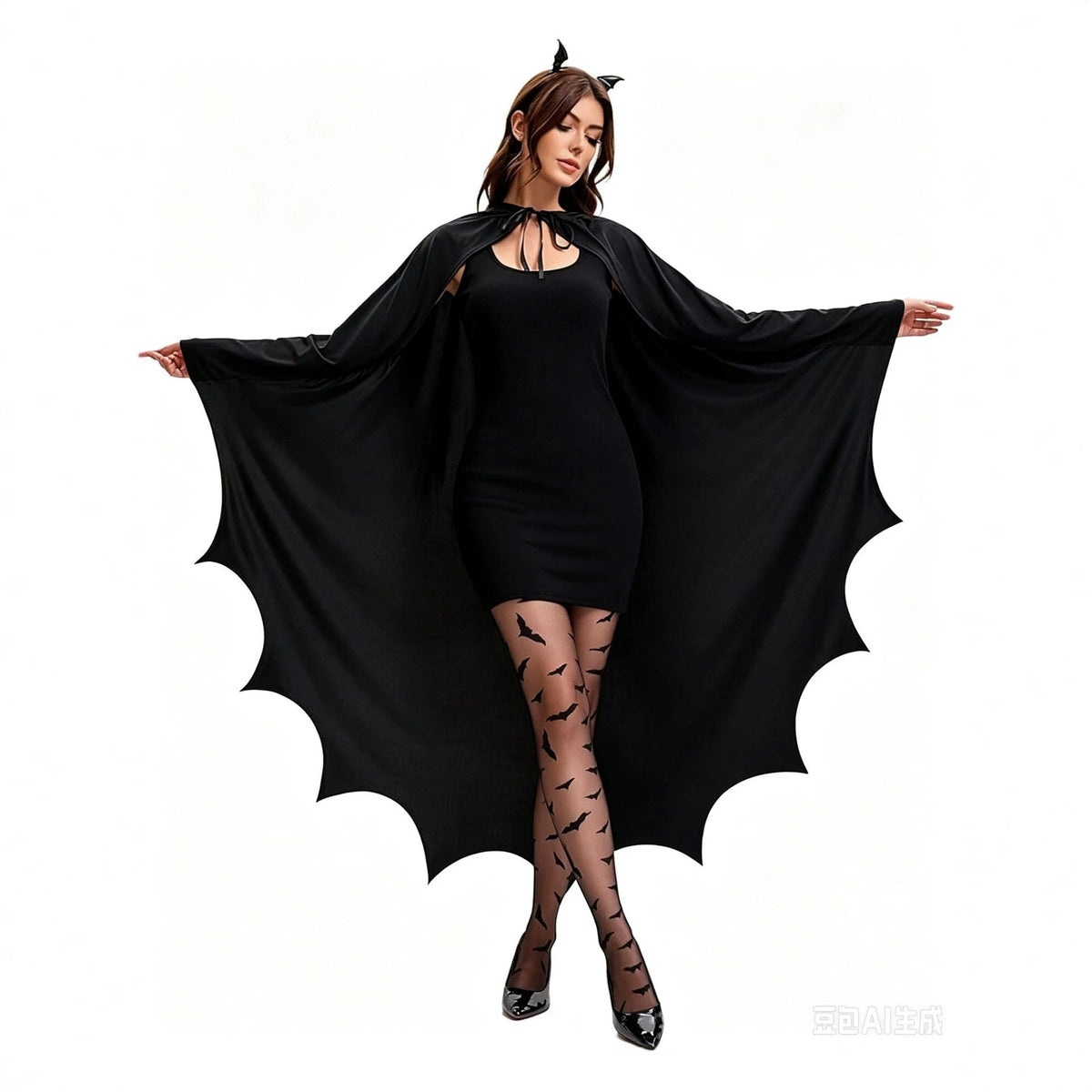 Black Gothic Halloween Hooded Bat Cape with Wing-Shaped Hem