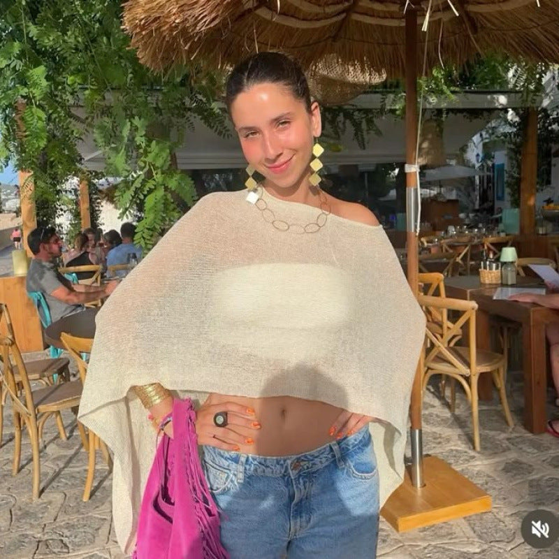 2025 Design Irregular Cape Shawl Sun Protection Shirt Women'S Season Loose Lazy Thin Ice Silk Knitted Sweater Top