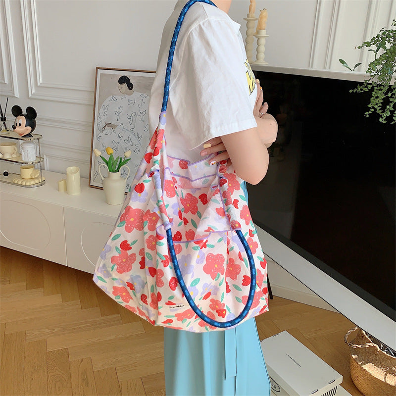 Korean Large Capacity Drawstring Floral Tote Bag