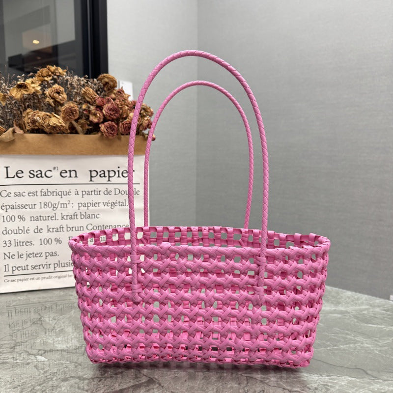 Candy Color Hollow Woven One-Shoulder Beach Bag