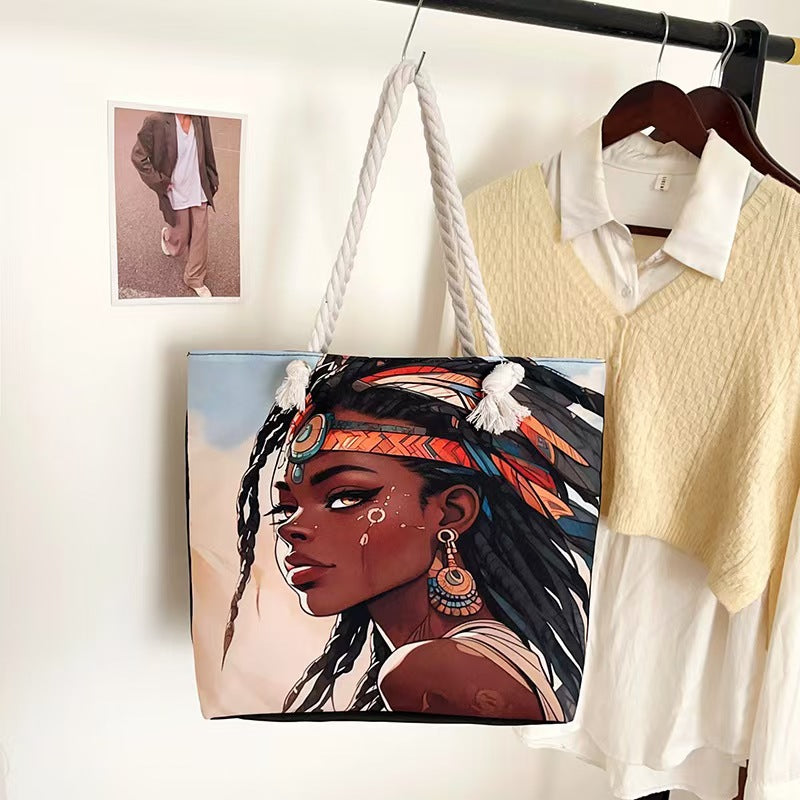 High-End Ethnic Canvas Hemp Rope Armpit Tote