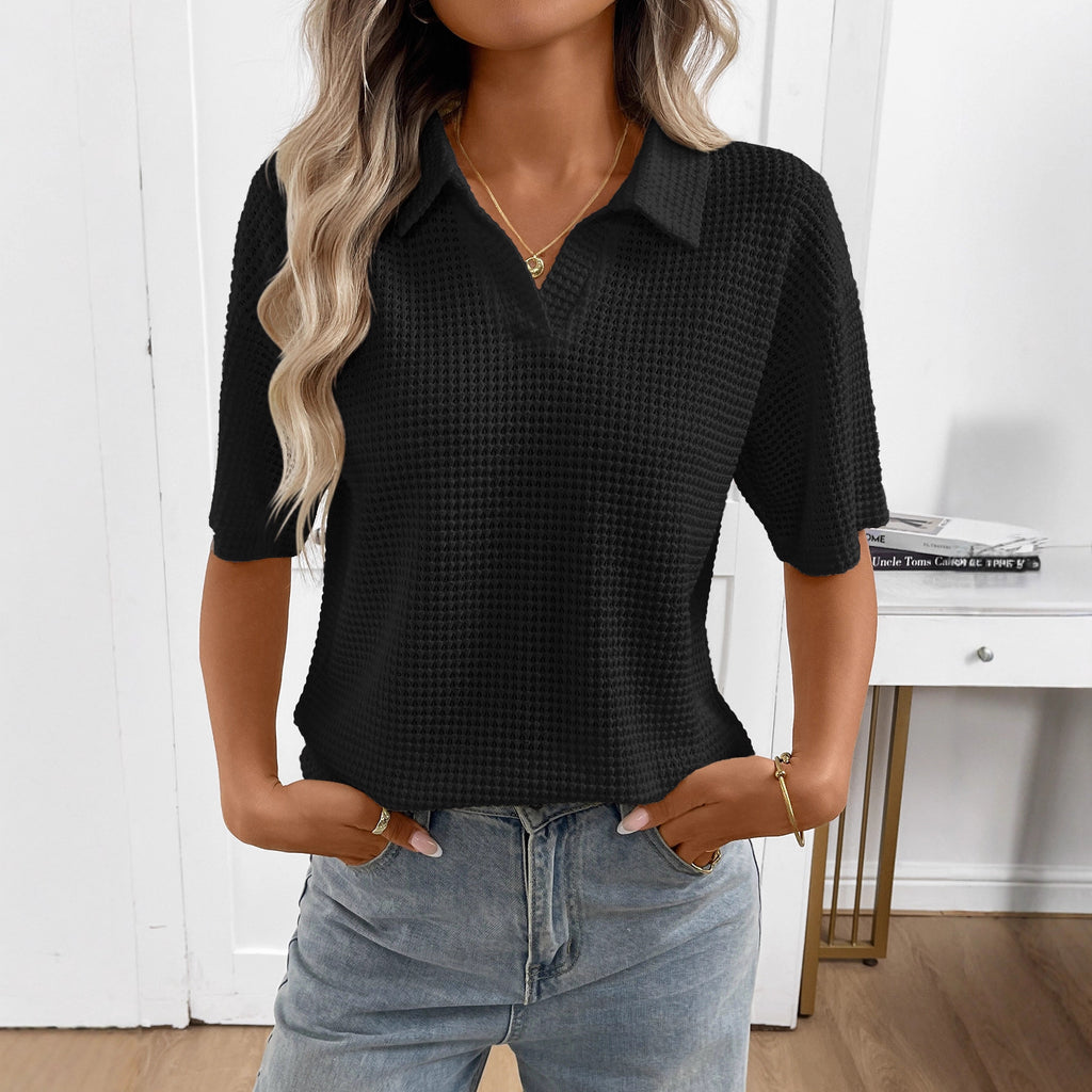Women Lapel Knitted Loose Short-Sleeve T-Shirt
