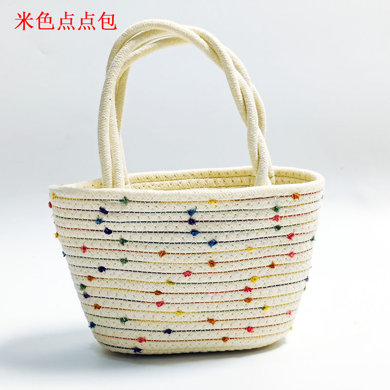 Retro Striped Cotton Woven Straw Detail Vacation Beach Handheld Basket Bag