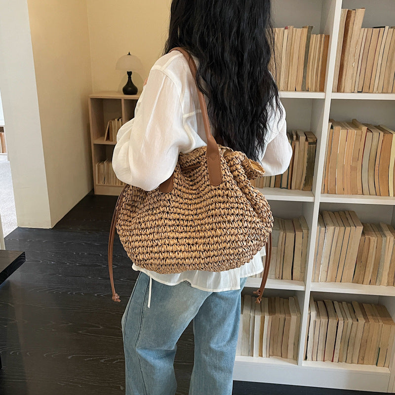 Women 2026 New Shoulder Straw Large Handmade Woven Beach Daily Bag