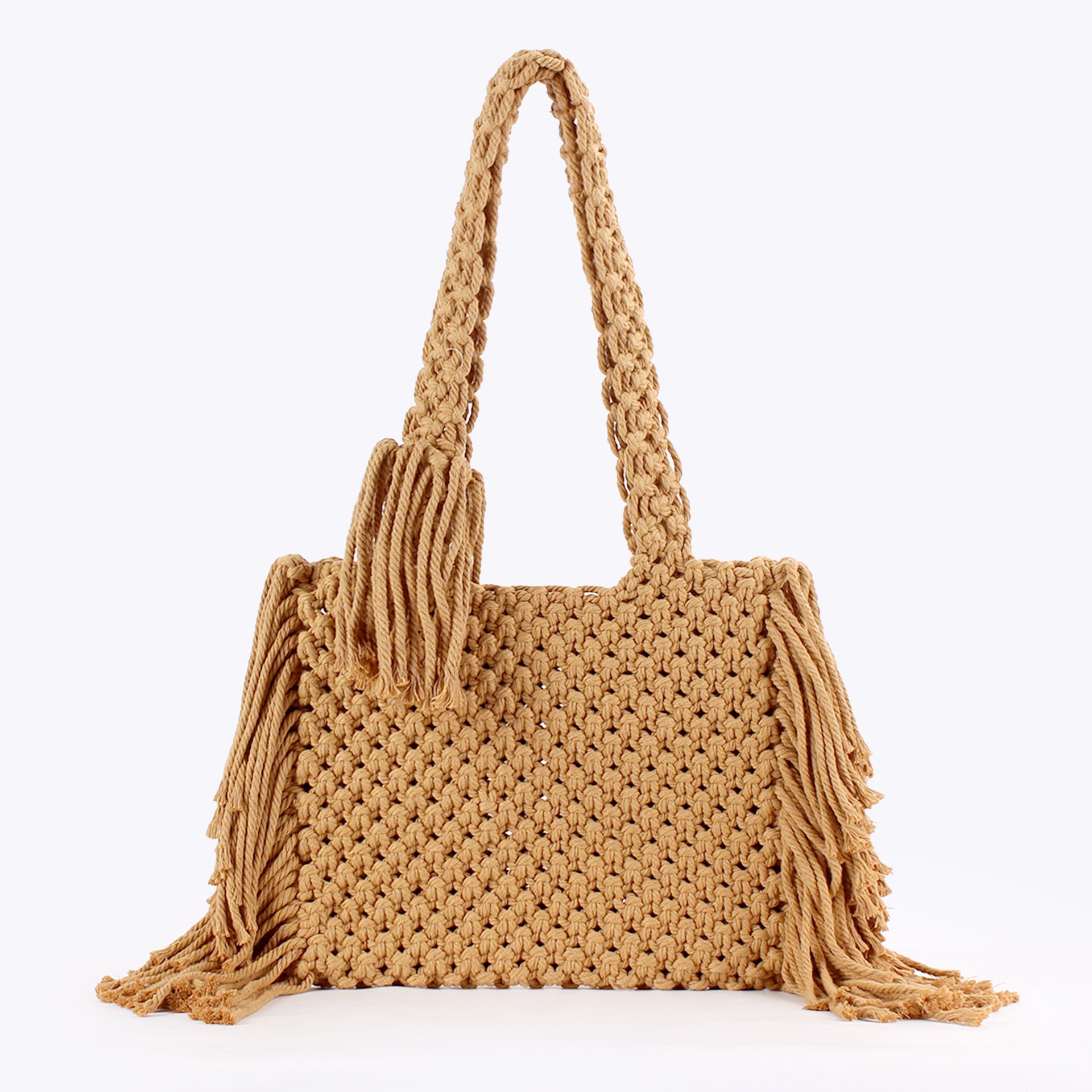 Boho Handwoven Cotton Macramé Tote Bag with Fringe
