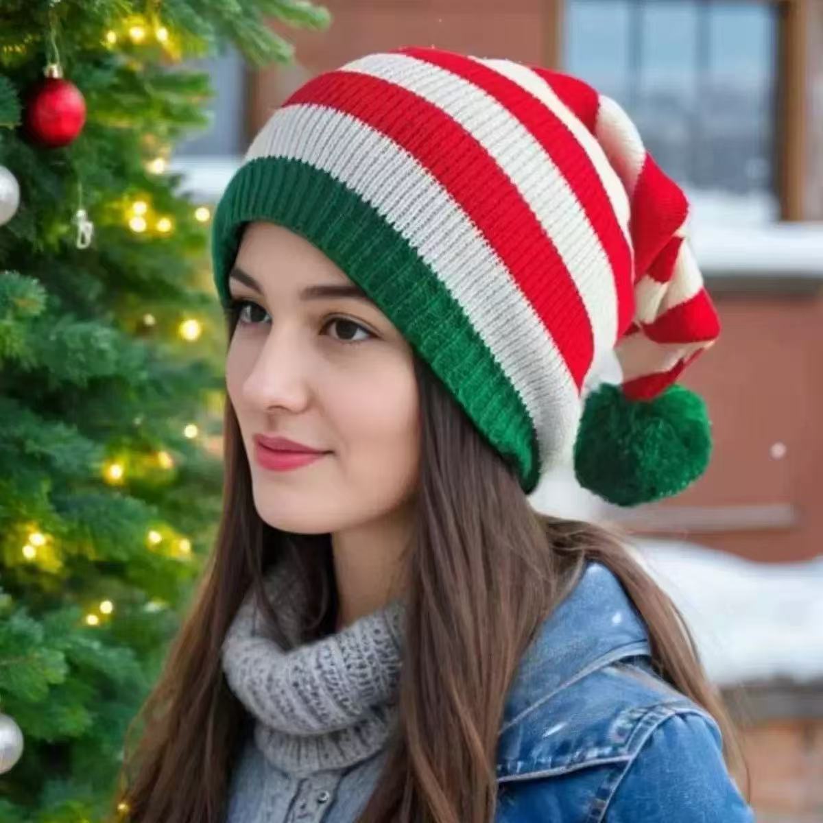 Christmas Cable Knit Stockings and Striped Pom Pom Hats