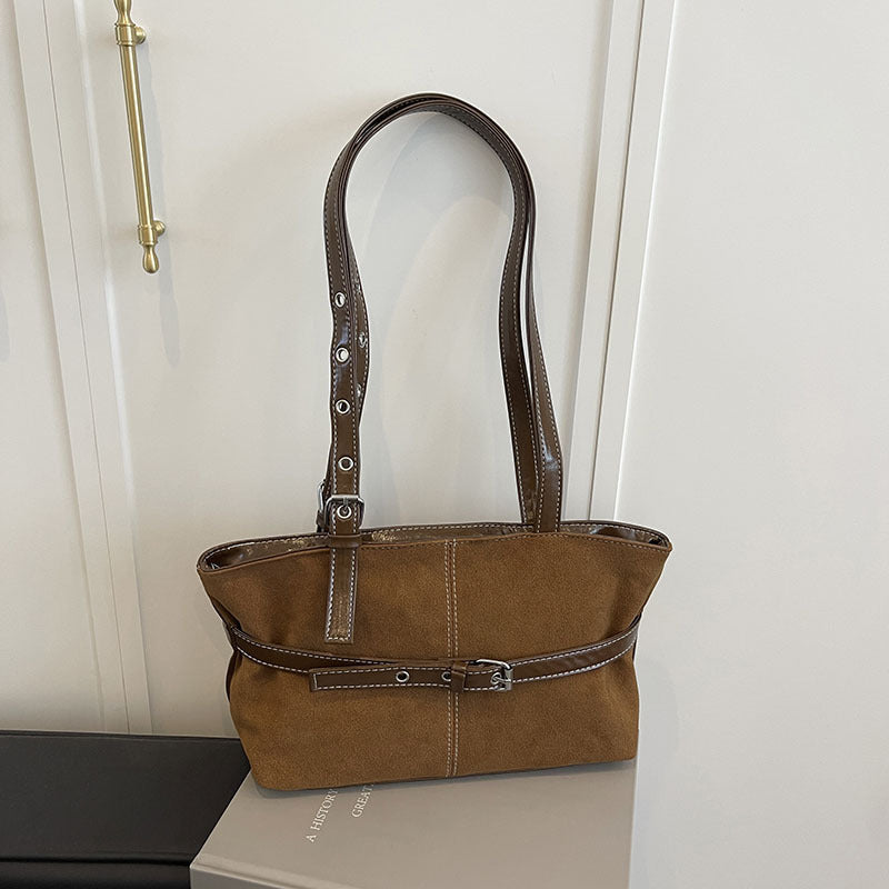 Belt Detail Suede Texture Zip Shoulder Bag
