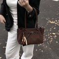 Soft Textured Belted Shoulder Bag with Beaded Charm