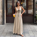 2026 Summer New Color Block V Neck Tie Sleeveless Waist Cinch Dress