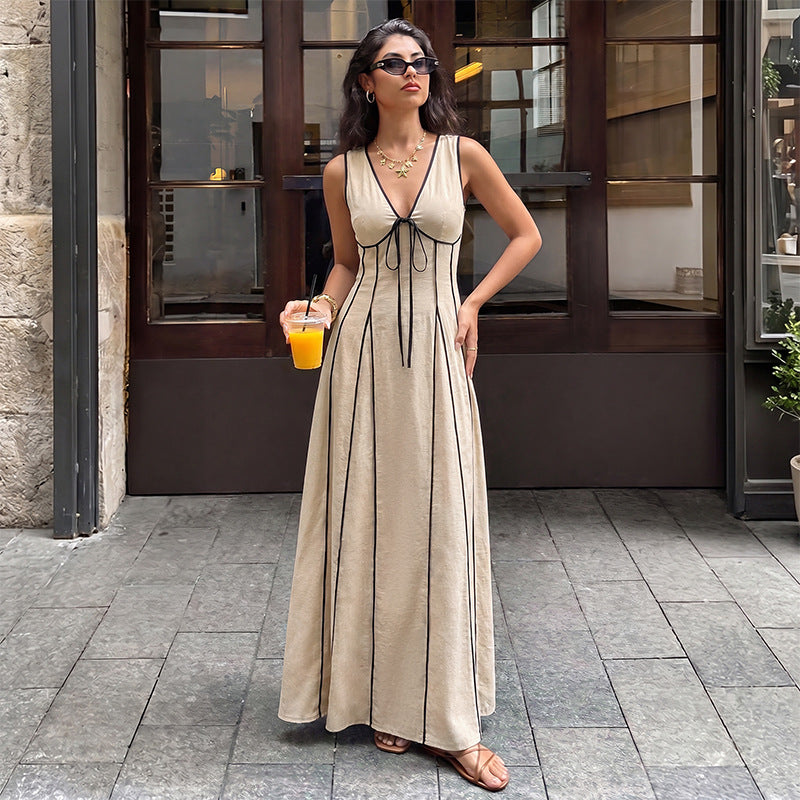 2026 Summer New Color Block V Neck Tie Sleeveless Waist Cinch Dress