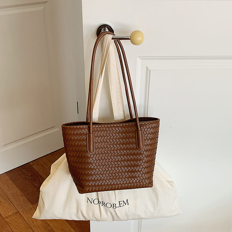 Classic Woven Tote Shoulder Bag with Double Shoulder Straps