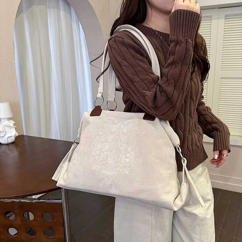 Vintage Embroidered Suede Shoulder Tote Bag