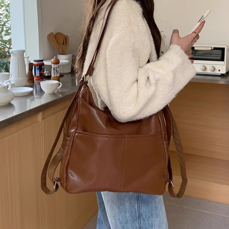 Women Soft Leather Large Capacity Tote Backpack Crossbody Bag
