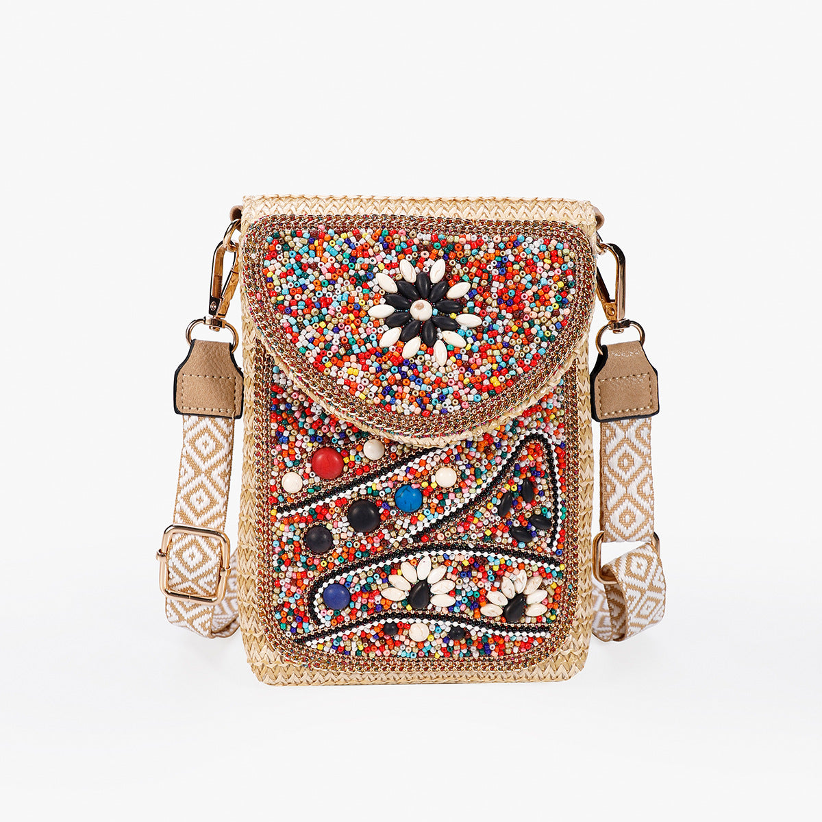 Women Luxury Straw Crossbody Bag, Fashion Beaded Woven Phone Shoulder Bag
