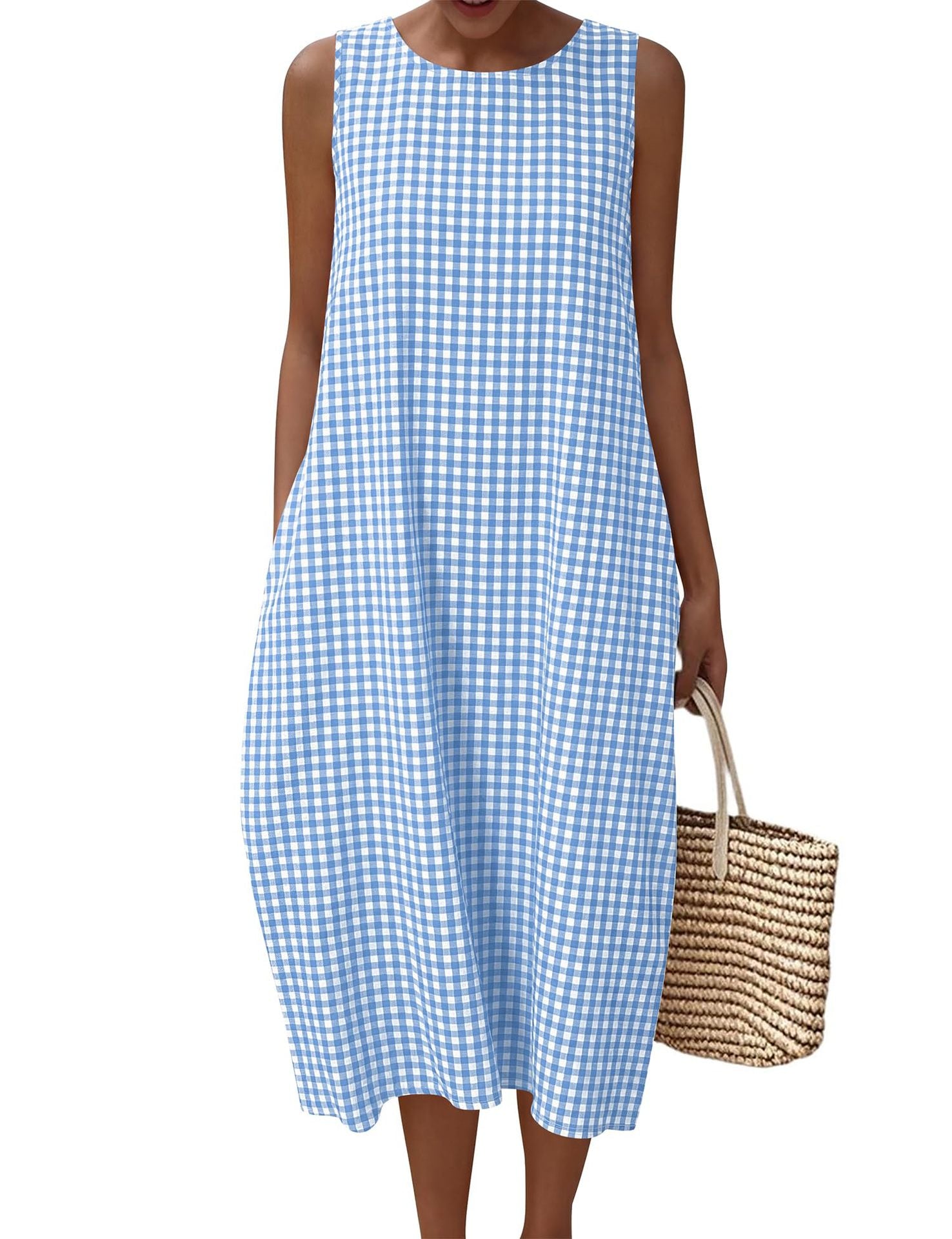 Women Pocket Loose Sleeveless Plaid Dress