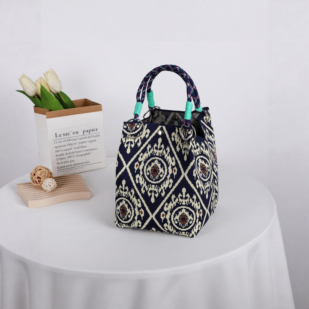 Boho Geometric Knit Tote Bag with Rope Handles