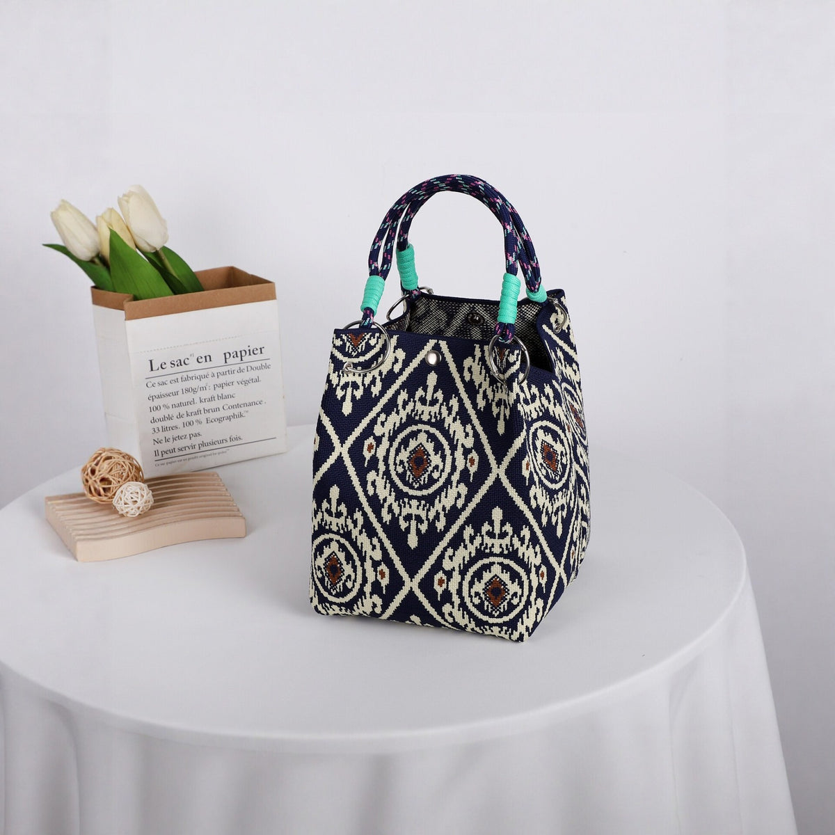 Boho Geometric Knit Tote Bag with Rope Handles