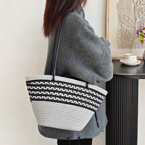 Braided Cotton Rope Color Block Striped Beach Tote