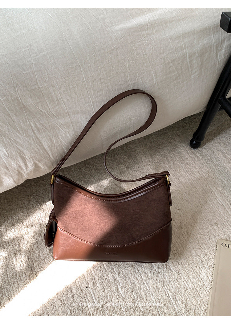 Vintage Faux Suede Shoulder Bag with PU Leather Trim