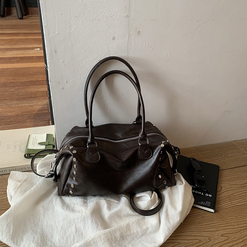 Studded PU Shoulder Bag with Structured Mini Duffle Style