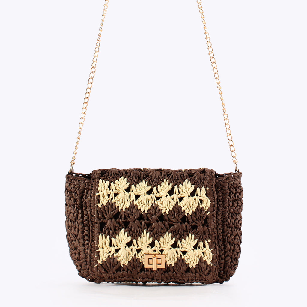 Handwoven Paper Straw Crochet Crossbody Bag with Chain Strap