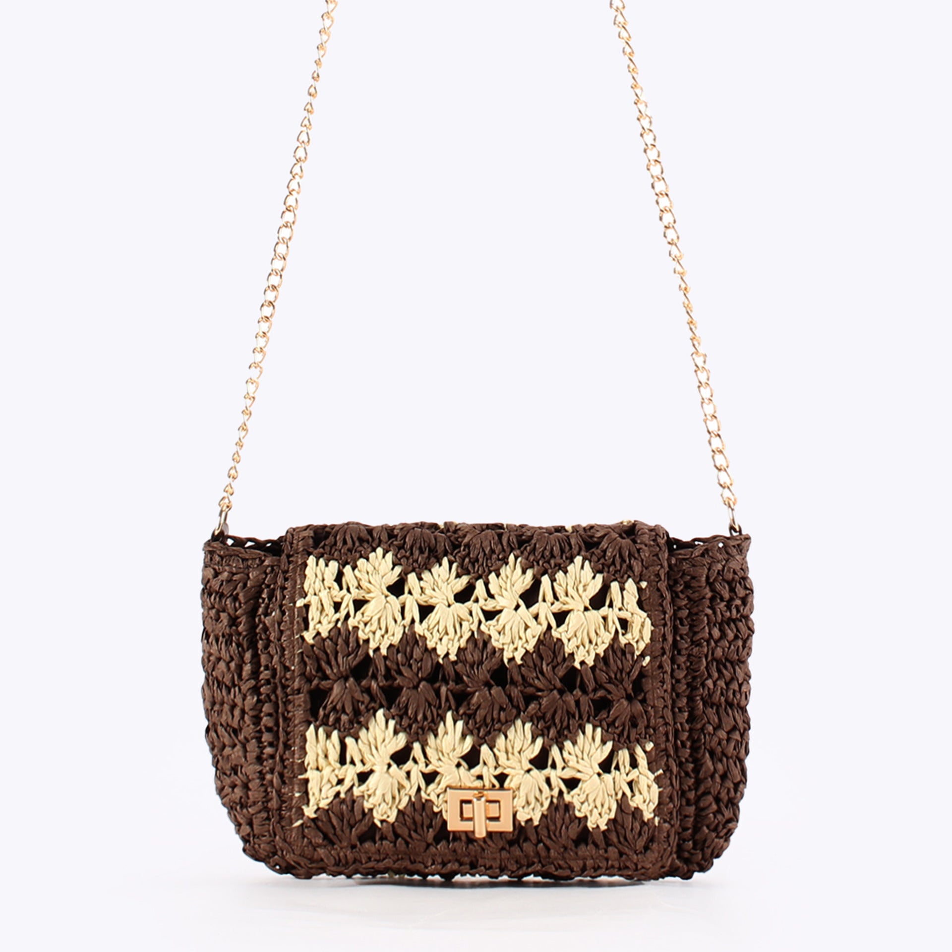 Handwoven Paper Straw Crochet Crossbody Bag with Chain Strap