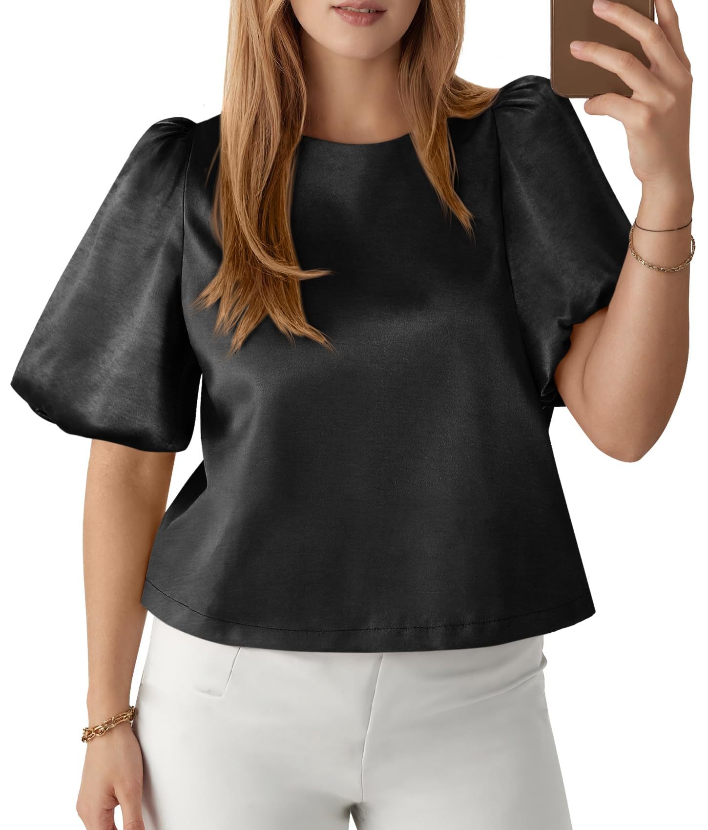 Elegant Women's Round Neck Satin Puff Sleeve Baby Doll Top