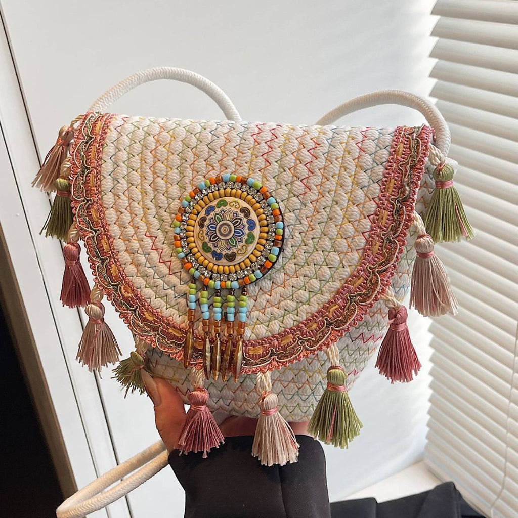 Women Bohemian Tassel 2026 New Ethnic Woven Beach Crossbody Phone Bag