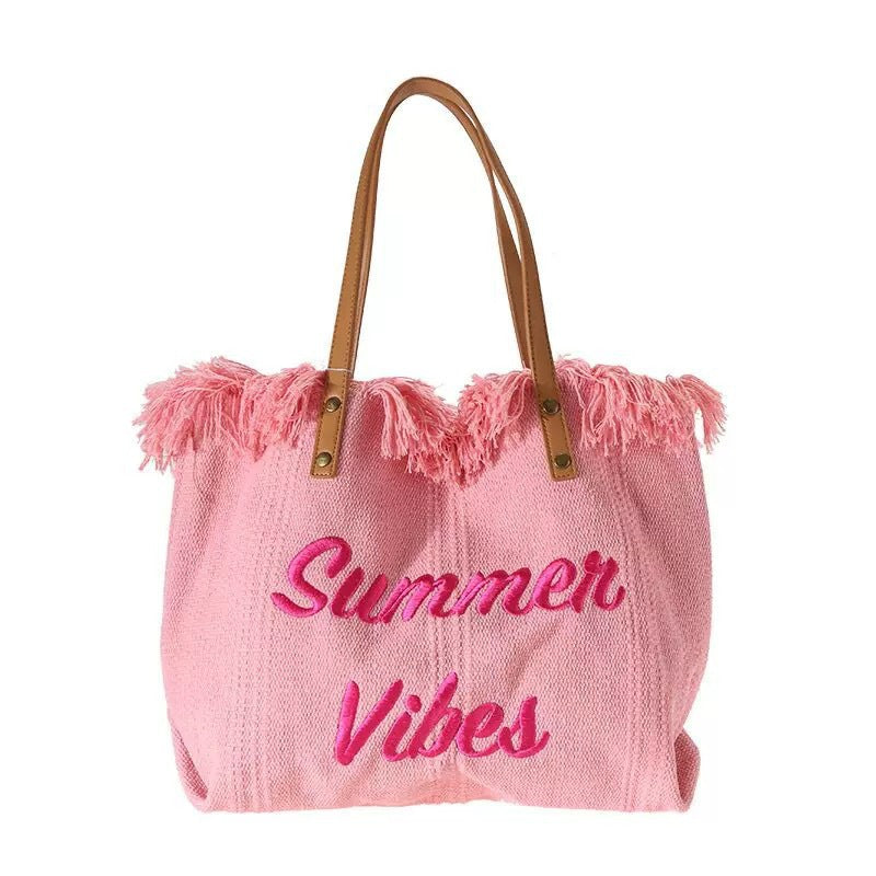 Women Large Canvas Embroidered Letter Tote Handheld Woven Beach Bag